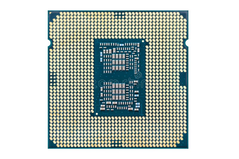 Top view macro photo of a modern CPU processor under the LGA 1200 socket on a green circuit board, isolated on a white background. royalty free stock photos