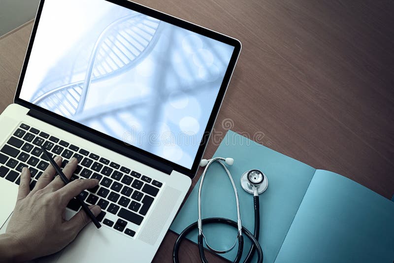 Top view of Medicine doctor hand working with modern computer royalty free stock photography