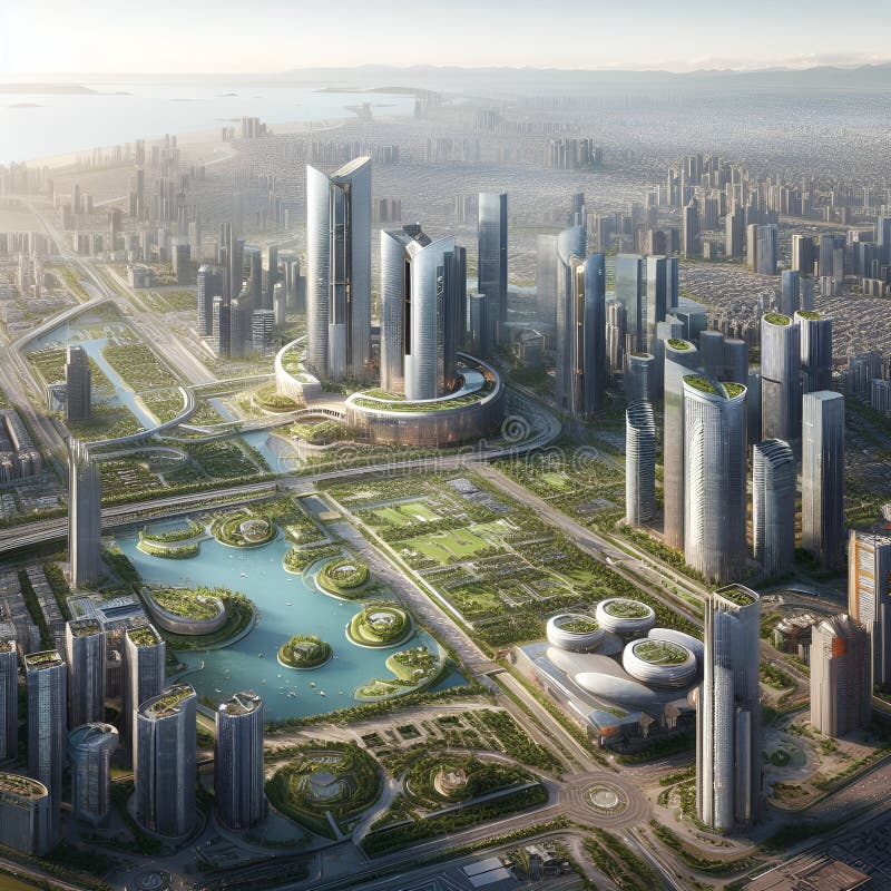 Top view of the metropolis of the future with huge skyscrapers and lots of plants