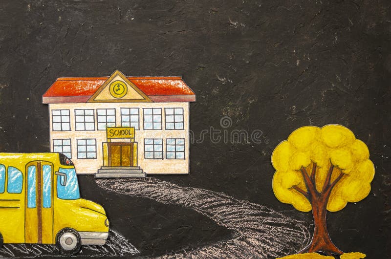 Top view mockup colorful drawing school building with bus and tree on a blackboard with copy space. Flat lay, copy space stock illustration