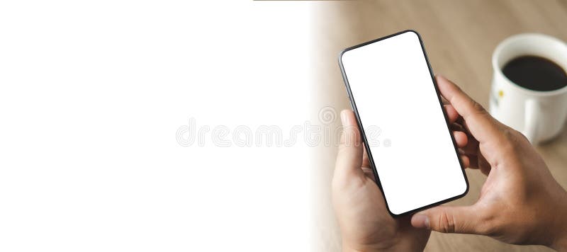 Top view Mockup image hand using a smartphone man Holding Cell Phone With Blank Screen royalty free stock images