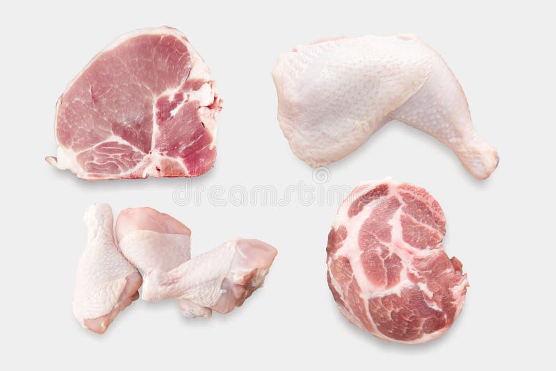 Top view of mockup raw chicken and pork chop set isolated on white background. Clipping Path included on white background