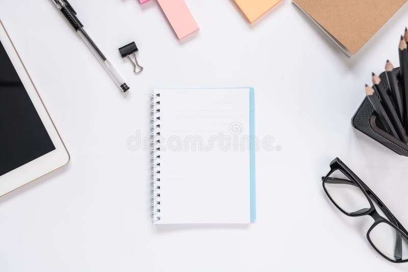 Top view of modern workspace office desk royalty free stock photo