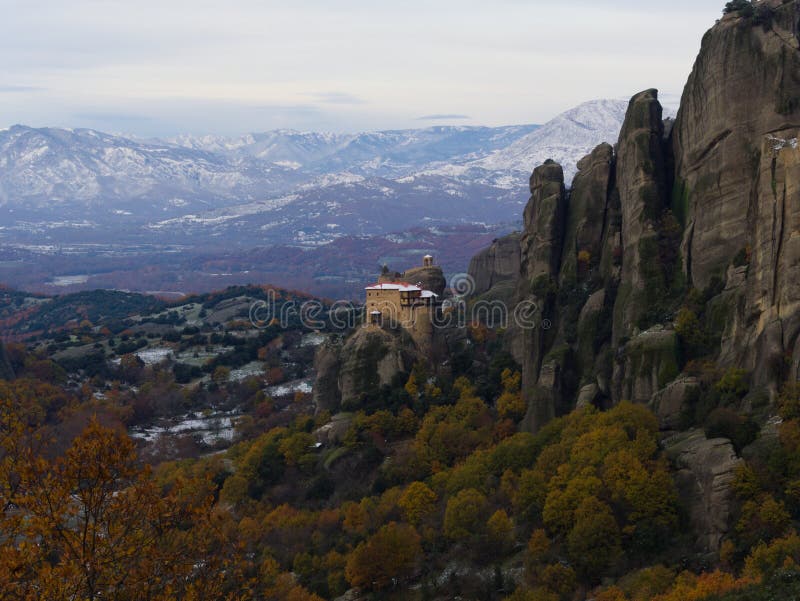 Top view of the monastery in Meteora, the surrounding mountains and the valley below. Photographed in late autumn. Meteora Greece royalty free stock image Top view of the monastery in Meteora, the surrounding mountains and the valley below. Photographed in late autumn. Meteora Greece royalty free stock image