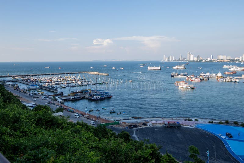 Top view from the Mountain to see the blue water and blue sky, this city very popular for tourist call Pattaya the located at the