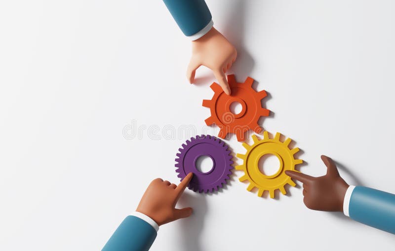 Top view of multiple hands of business team holding on gears. Business cooperation teamwork and teamwork development. 3d render illustration