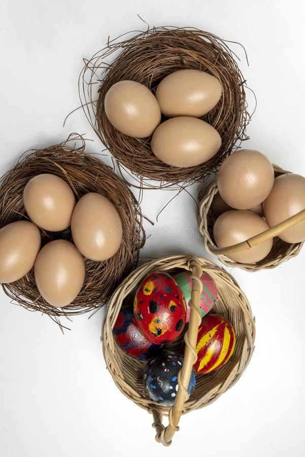 Top view of nest filled with colorful decorated easter eggs stock photography