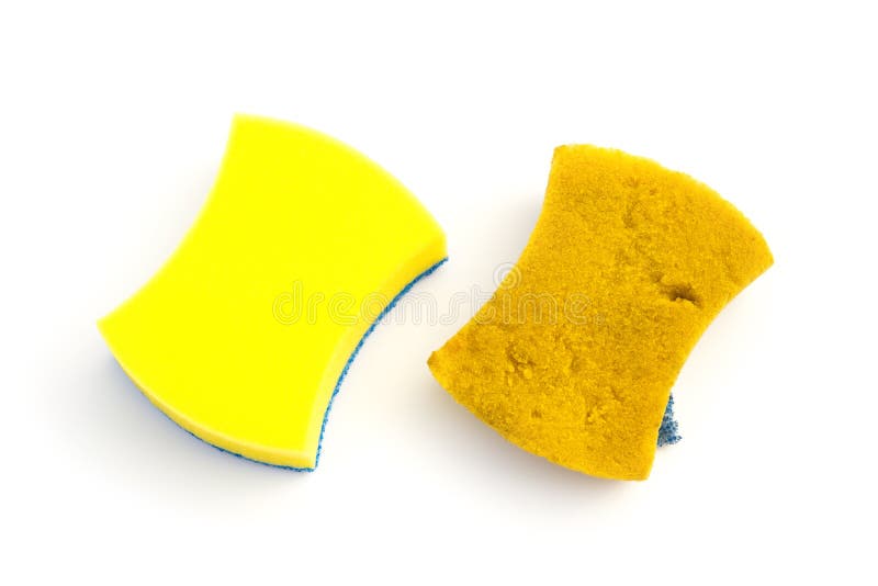 Top view new & old double-side cleaning sponge on white background