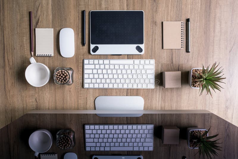 Top View of Office Desk Work with Computer, Supplies, Stock Photo
