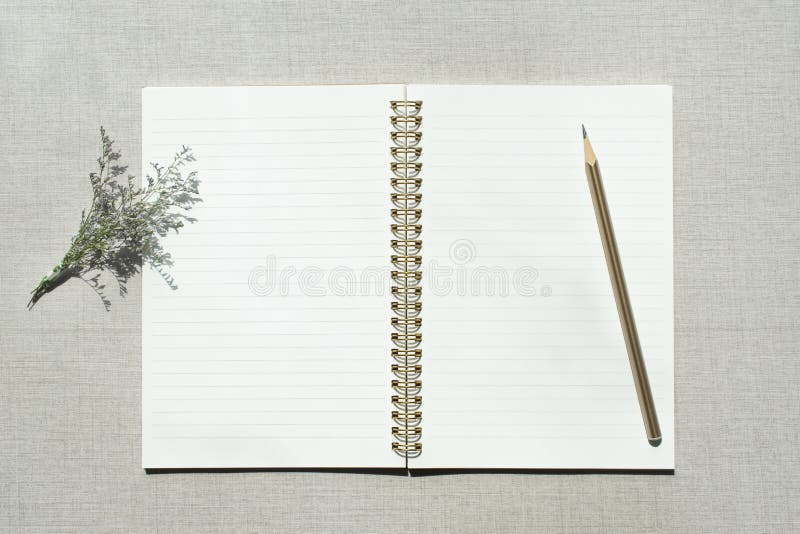 Top view open notebook, pencil and plant on linen background stock photo