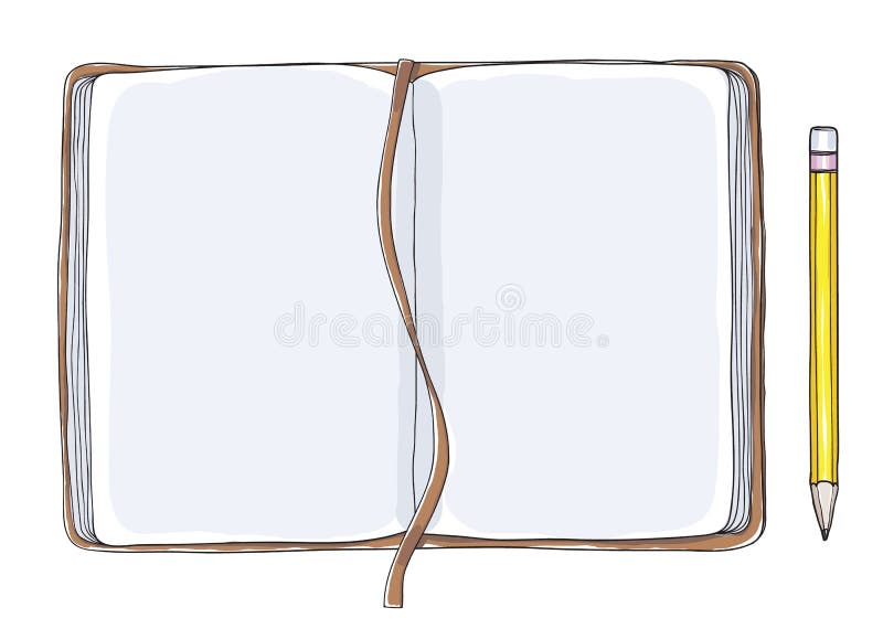 Top view open notebook and yellow pencil hand drawn vector art stock illustration