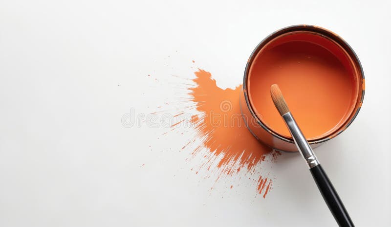 Top view of an open paint can with vibrant orange paint and a black handled brush. Splattered orange paint on white surface royalty free illustration