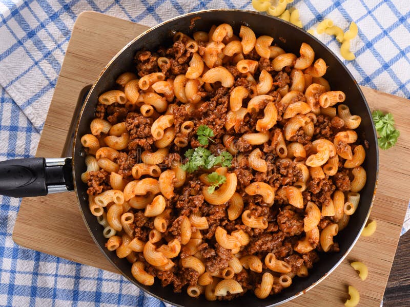 Pasta with Ground Beef and Tomato Paste in a Pan Stock Image - Image of