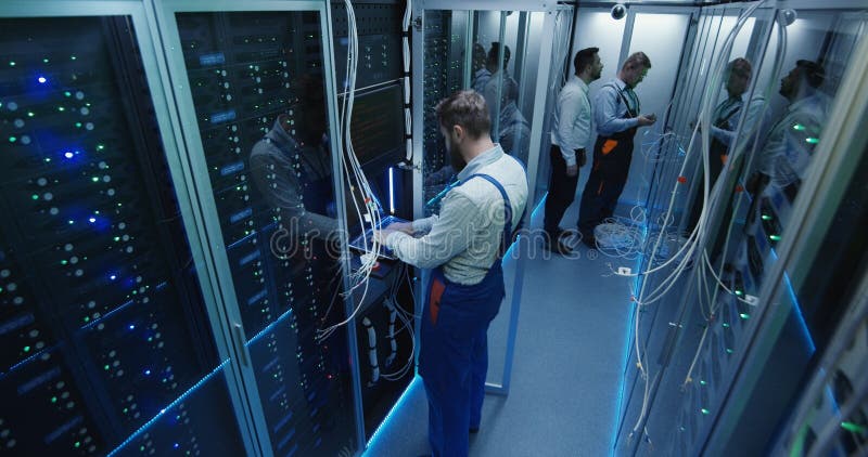 Top view, people work in the data center in the server room royalty free stock image