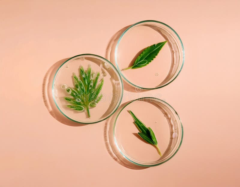 Top View of Petri Dishes with Transparent Gel and Fresh Green Foliage Inside: Concept Image royalty free stock image