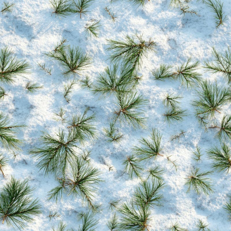 Top view photo of snow with scattered tiny pine needles, seamless texture royalty free stock photography