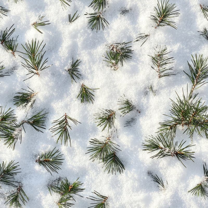 Top view photo of snow with scattered tiny pine needles, seamless texture royalty free stock image