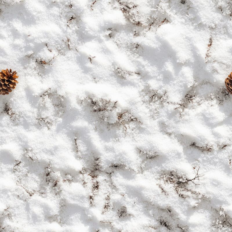 Top view photo of snow with a single pinecone resting, seamless texture stock images