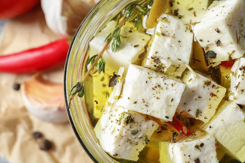 Top View of Pickled Feta Cheese in Jar on Table, Closeup Stock Image Image of fresh, dairy