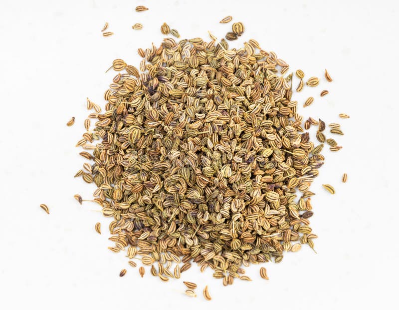 Top View of Pile of Ajwain Seeds Close Up on Gray Stock Photo Image