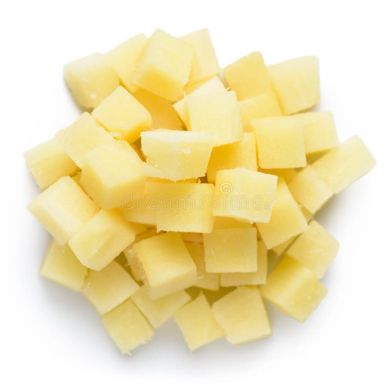 Top View of Pile Vegetables Roots of Ginger Diced Isolated on White