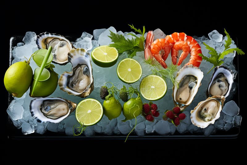 Top view of platter of fresh oysters with lemon on a bed of ice on black background vector illustration