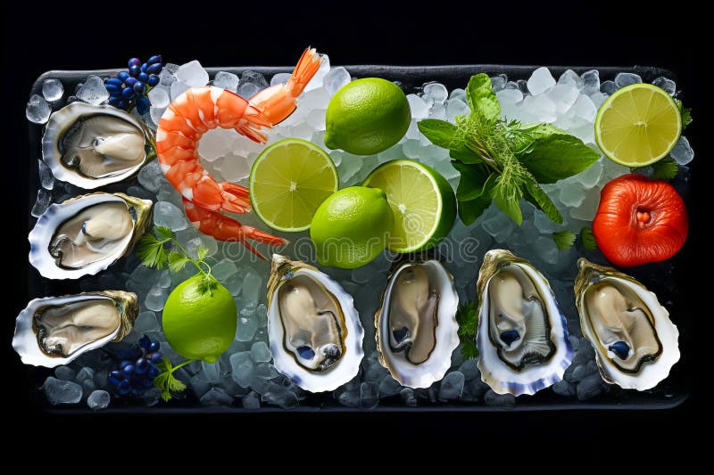 Top view of platter of fresh oysters with lemon on a bed of ice on black background royalty free illustration