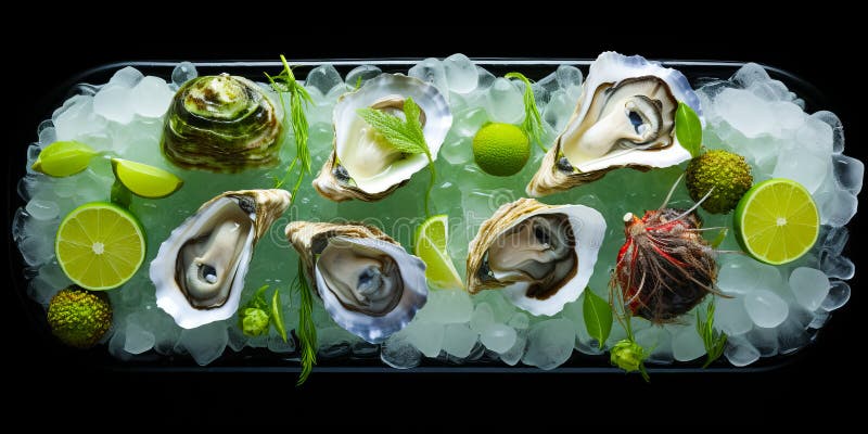 Top view of platter of fresh oysters with lemon on a bed of ice on black background vector illustration