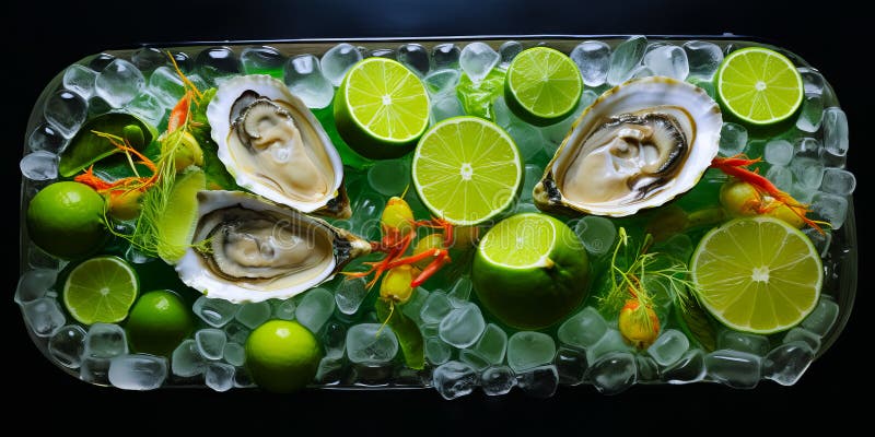 Top view of platter of fresh oysters with lemon on a bed of ice on black background vector illustration