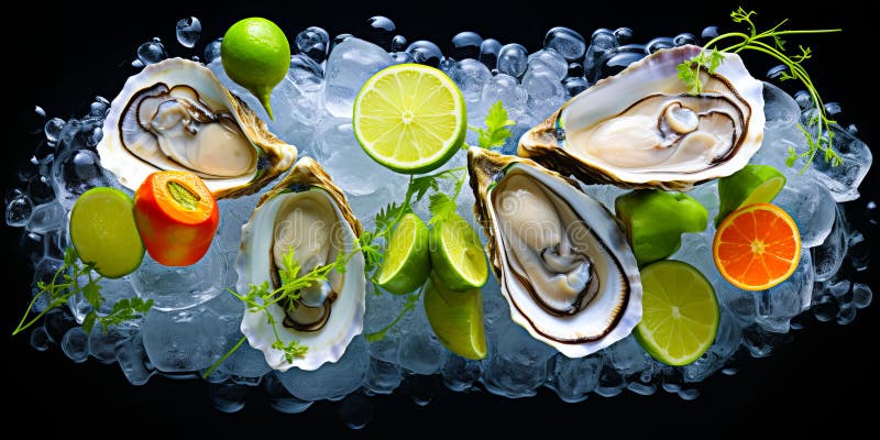 Top view of platter of fresh oysters with lemon on a bed of ice on black background vector illustration