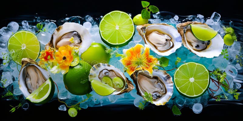 Top view of platter of fresh oysters with lemon on a bed of ice on black background stock illustration
