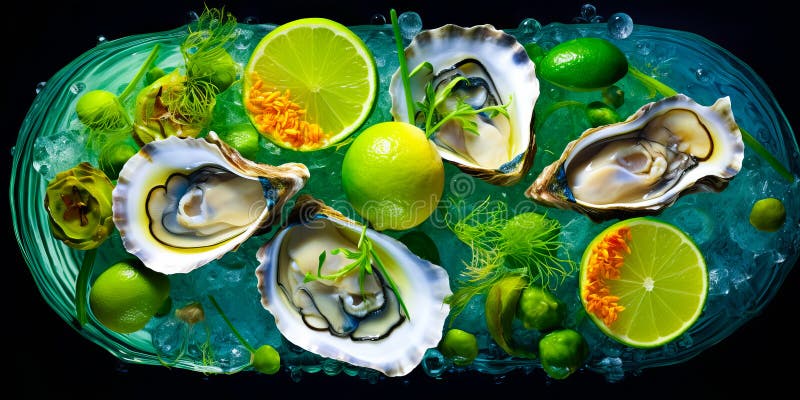 Top view of platter of fresh oysters with lemon on a bed of ice on black background stock illustration