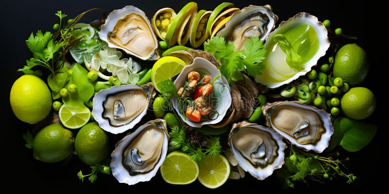 Top view of platter of fresh oysters with lemon on black background. illustration royalty free illustration