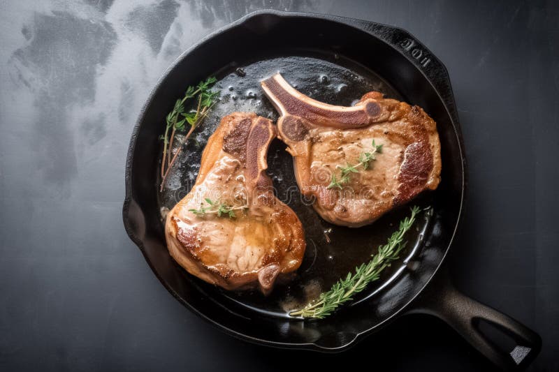 Top View Pork chops cooked in a cast iron pan. Grilled pork chop with rosemary. Fried pork steak in frying pan. generative ai