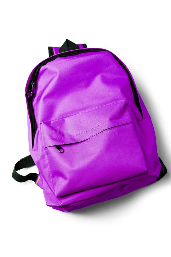 Top view of purple school backpack on white background royalty free stock photo