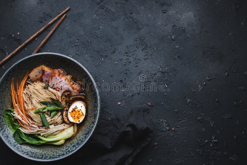 Ramen Soup with Pork, Mushrooms, Marinated Egg and Vegetables with Copy