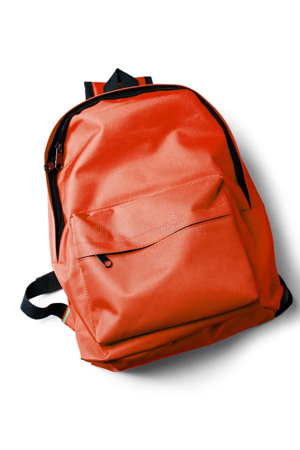 Top view of red school backpack on white background stock image