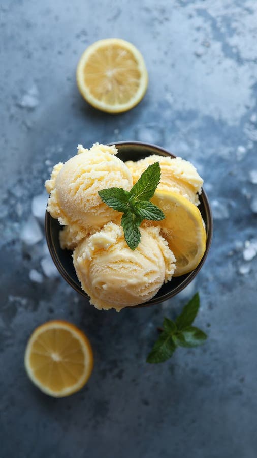 Refreshing Lemon Ice Cream Served in Bowl with Mint Garnish stock photos