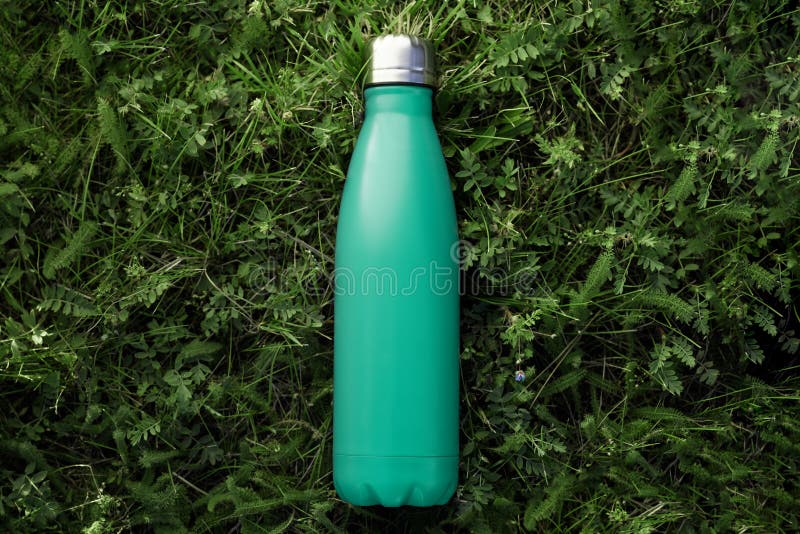 Download Top View Of Reusable Steel Thermo Water Bottle With Mockup On Green Grass Lush Lava Color Stock Photo Image Of Glossy Lava 168092876