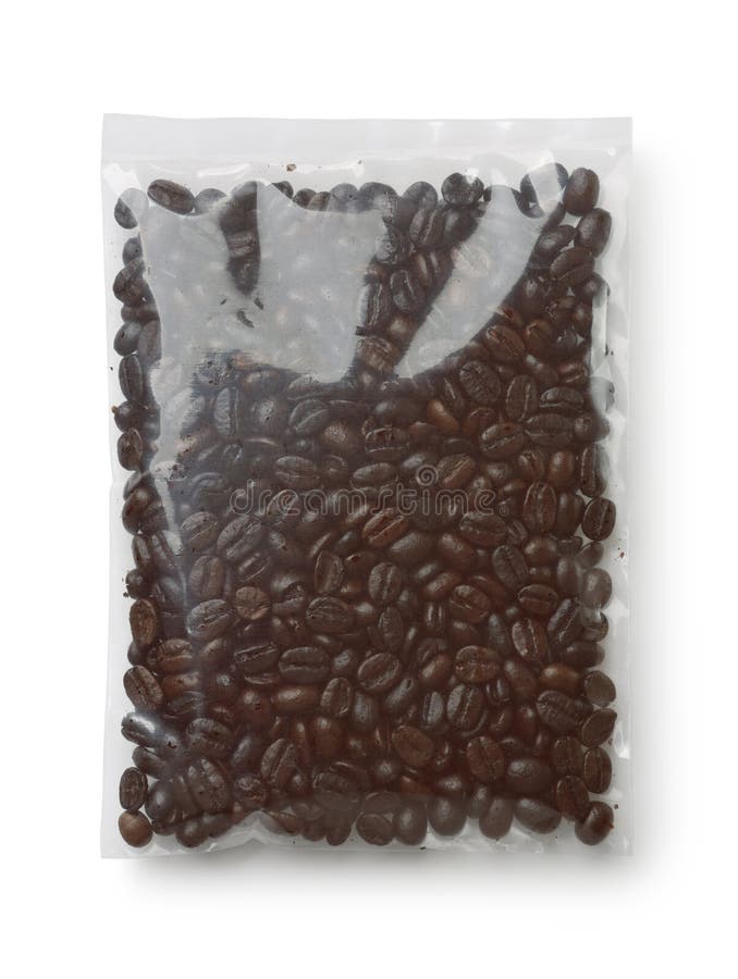 Top View of Roasted Arabica Coffee Beans in Plastic Bag Stock Photo