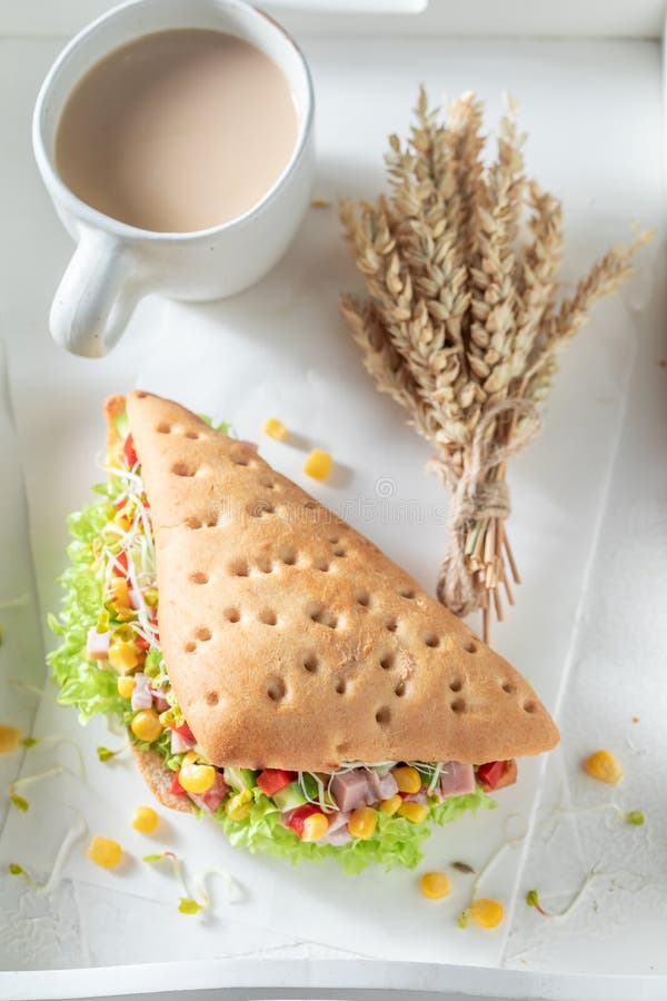 Top View of Sandwich with Salad, Lettuce, Corn, and Ham Stock Image