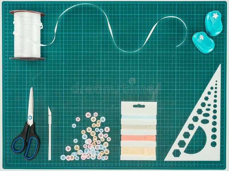Top view of scissors, buttons and ribbon for scrapbooking decoration royalty free stock photography Top view of scissors, buttons and ribbon for scrapbooking decoration royalty free stock photography