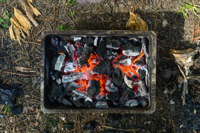 Top View of a Small Outdoor Grill with Burning Coal Stock Photo Image