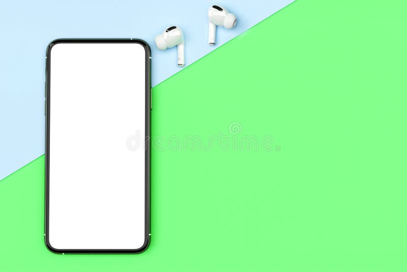 Top view smartphone empty screen template on pastel workspace table with earphone and copy space for background, 3D illustration stock image
