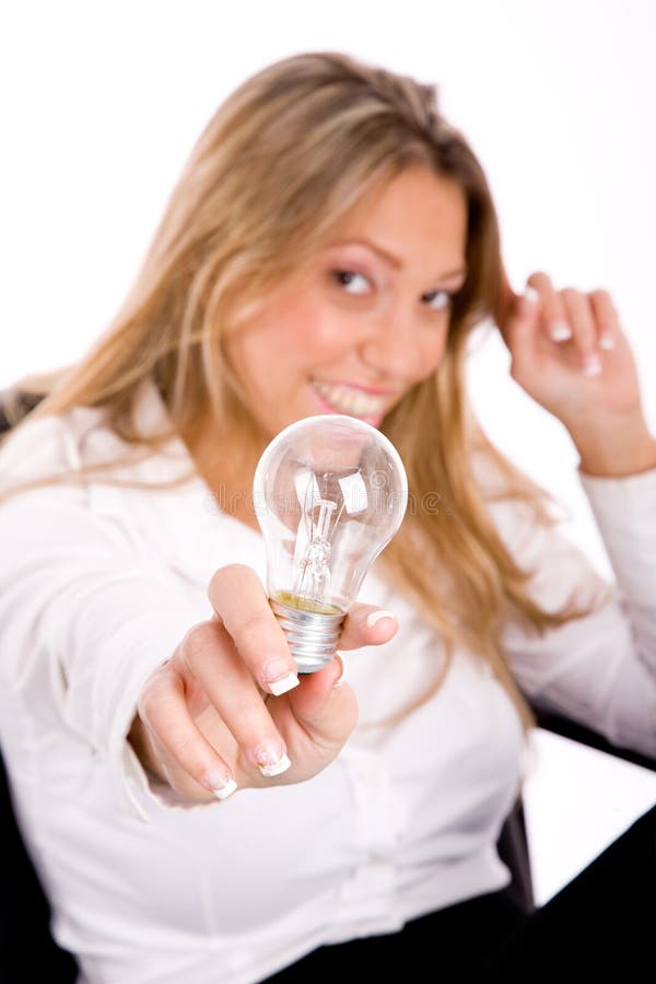 Top view of smiling businesswoman showing bulb