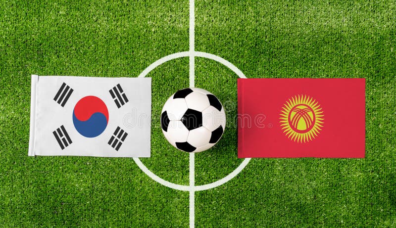 Top View Soccer Ball with South Korea Vs. Kyrgyzstan Flags Match on