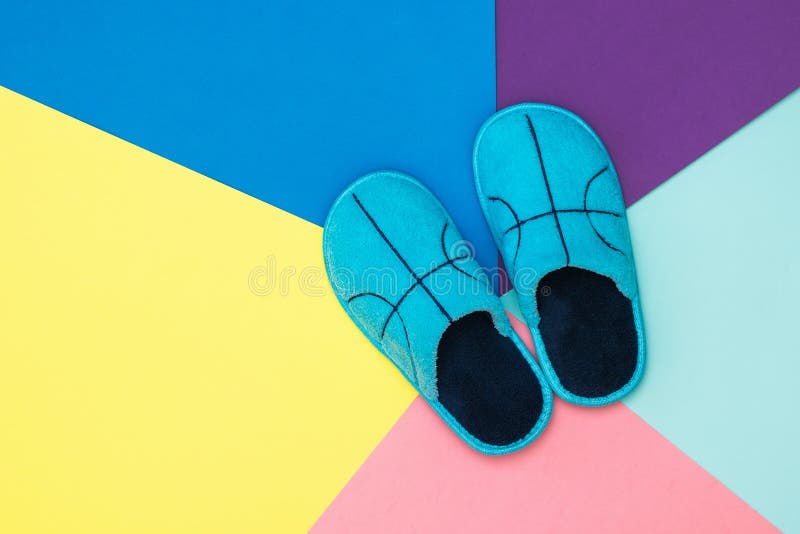 Top view of soft Slippers on a colorful background. The view from the top. Flat lay. stock photography Top view of soft Slippers on a colorful background. The view from the top. Flat lay. stock photography