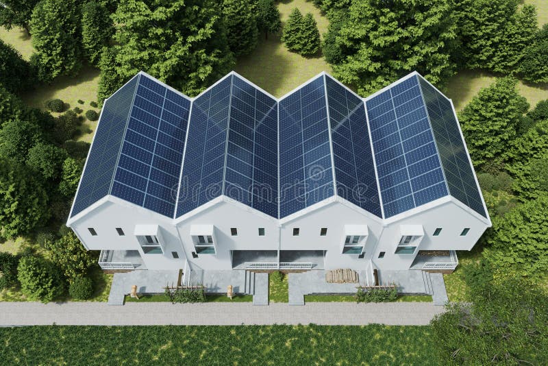 Top view solar panels on the roof of the modern house royalty free illustration