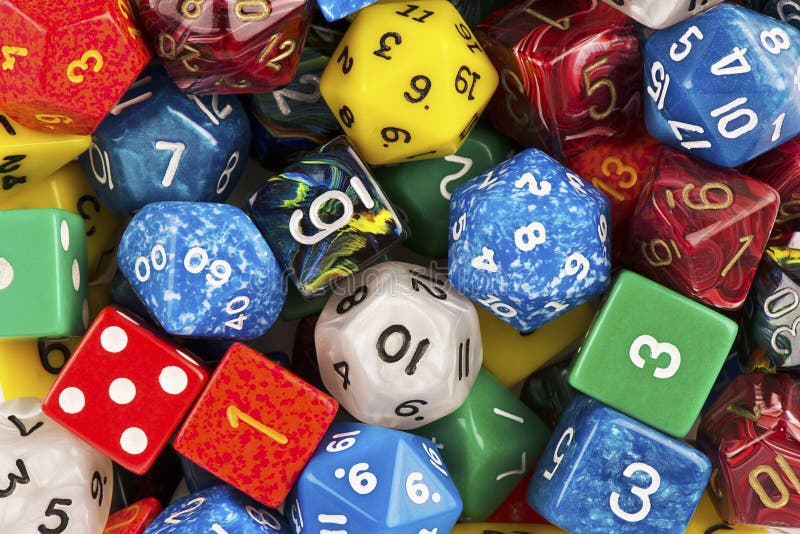 Top view on a stack of role playing game dice as abstract background. stock photo