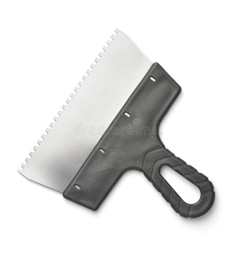 Top view of stainless steel notched spatula with black plastic handle isolated on white. Bricklayer tiler stock images, royalty-free photos and pictures